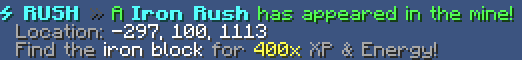 Ore Rush announcement in chat showing spawn location and XP and Energy reward